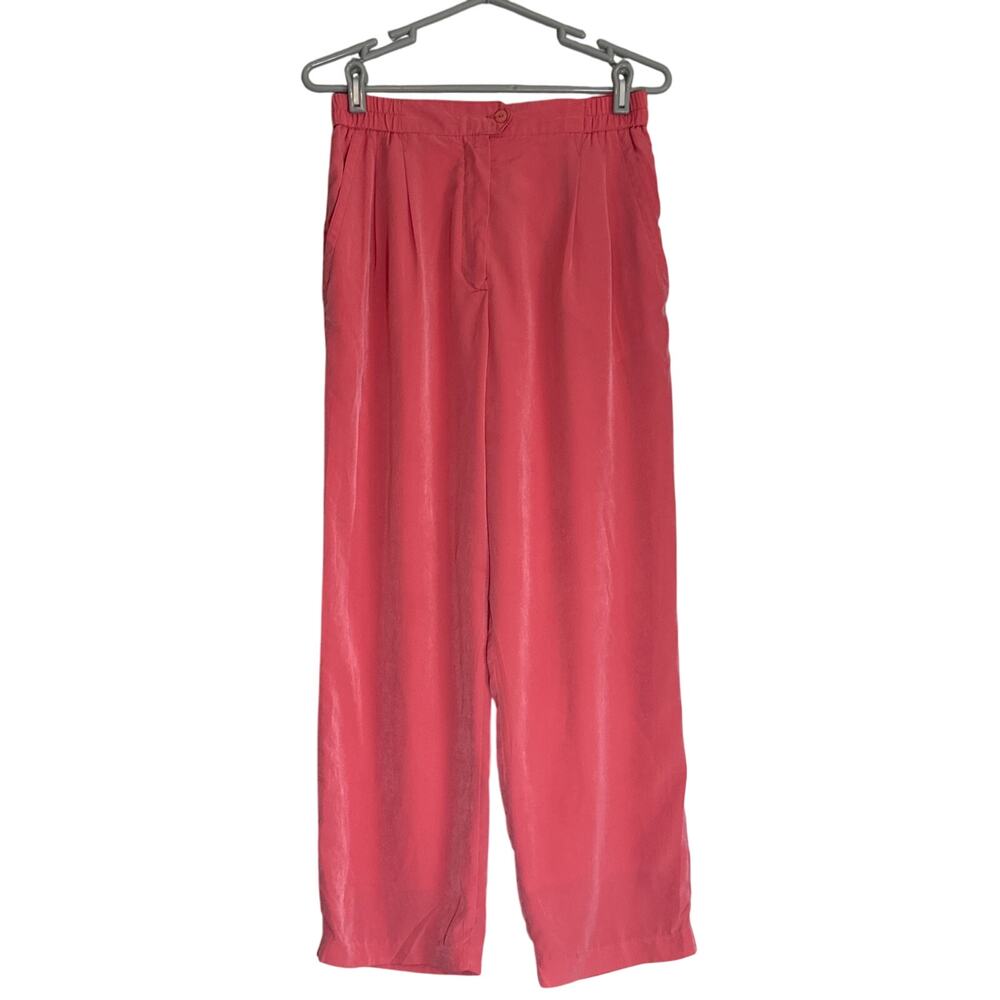 Vintage Wide Leg High Waist Pleated Coral Pink Pants Women Small Slacks Trousers